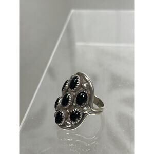 Vintage Native American Black Onyx Flower Sterling Silver Ring Size 6.25-6.5